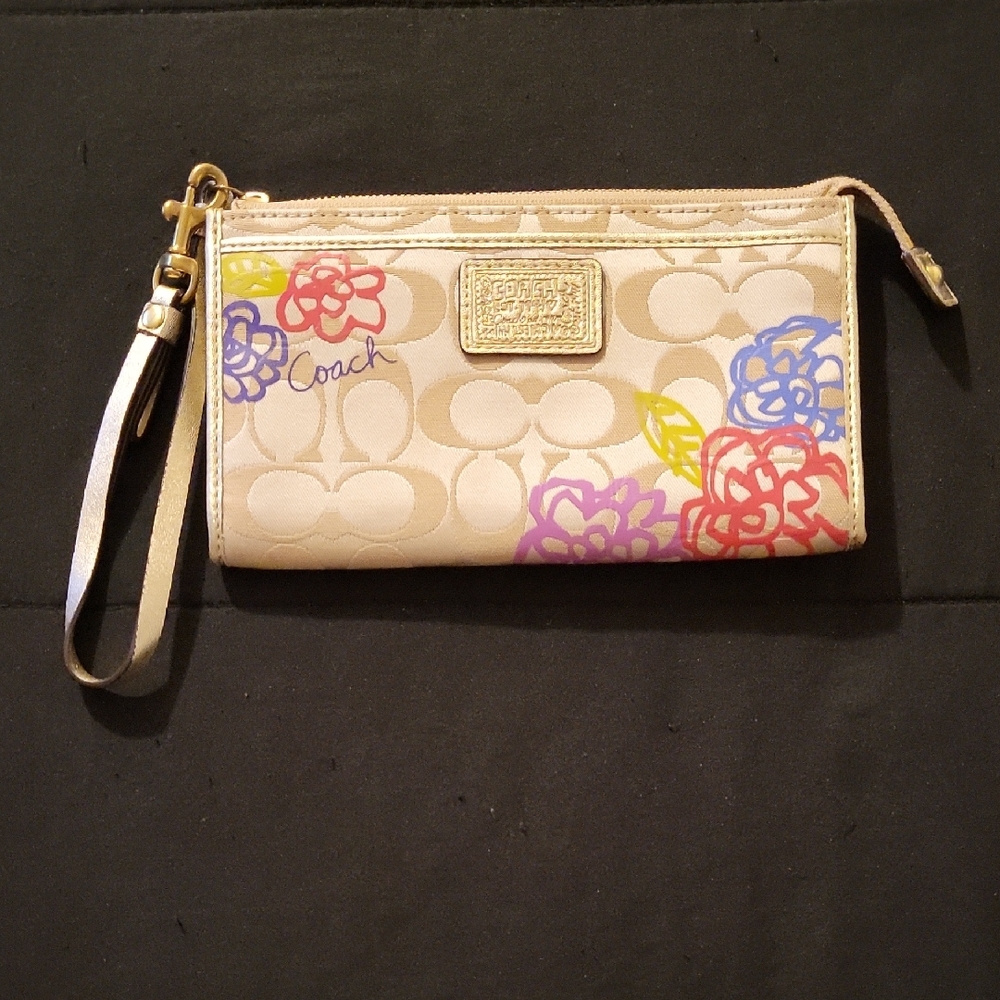 Coach Cream Wristlet with Multicolor Floral Design